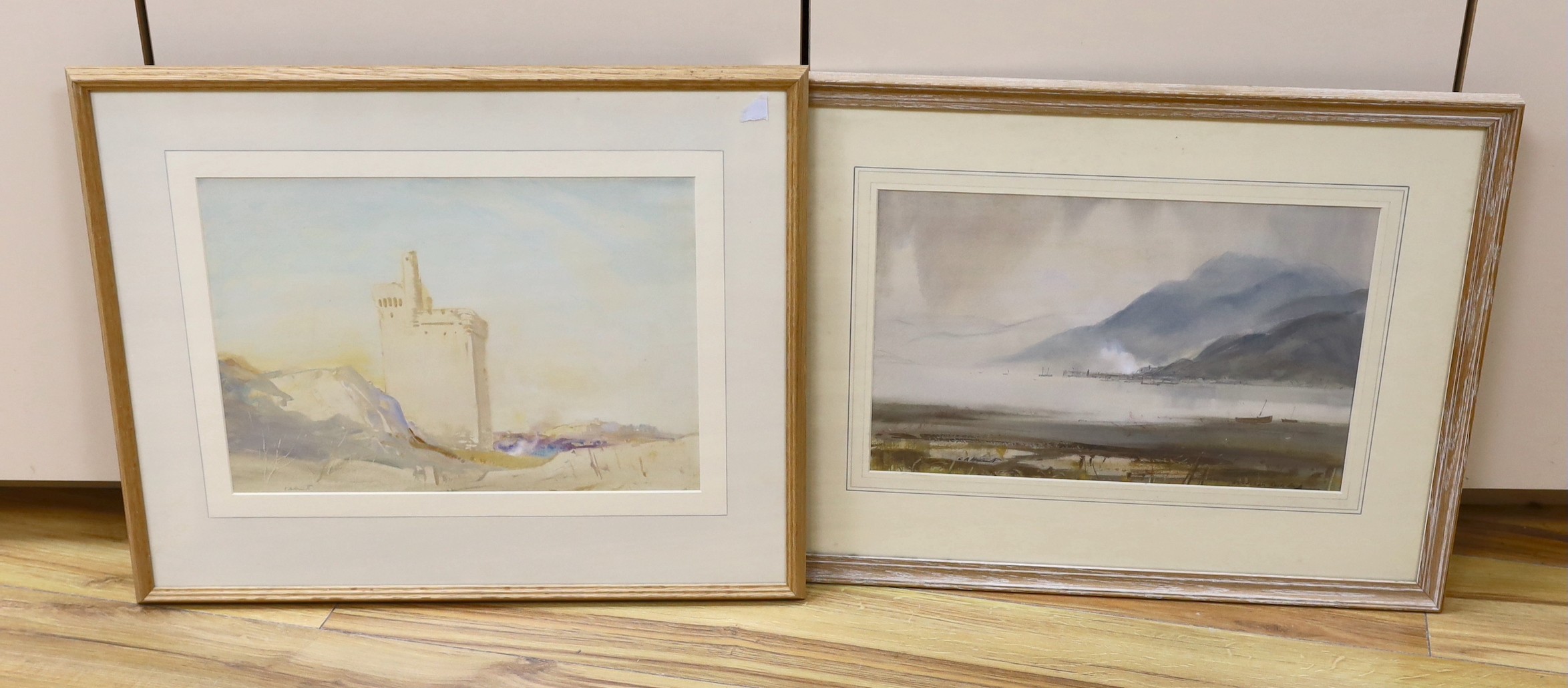 Cecil Arthur Hunt (1873-1965), watercolour, 'The White Tower, Avignon', signed, 26x 38cm, together with another watercolour, ‘Arrochar, Loch Lane, Dumbartonshire’, signed lower left, 25 x 38cm (2)